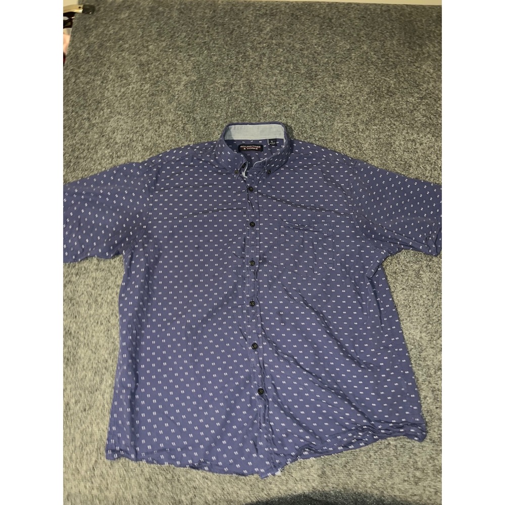 Roundtree & Yorke Mens Large Blue Cotton Short Sleeve Button Up Shirt Geometric